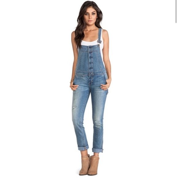 We The Free Denim - Free People We The Free distressed button-front light wash overalls, sz 8